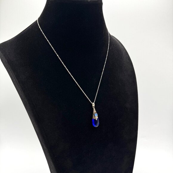 Blue Glass Sterling Silver Tear Drop Pendant On A Sterling Silver Chain - Picture 2 of 5